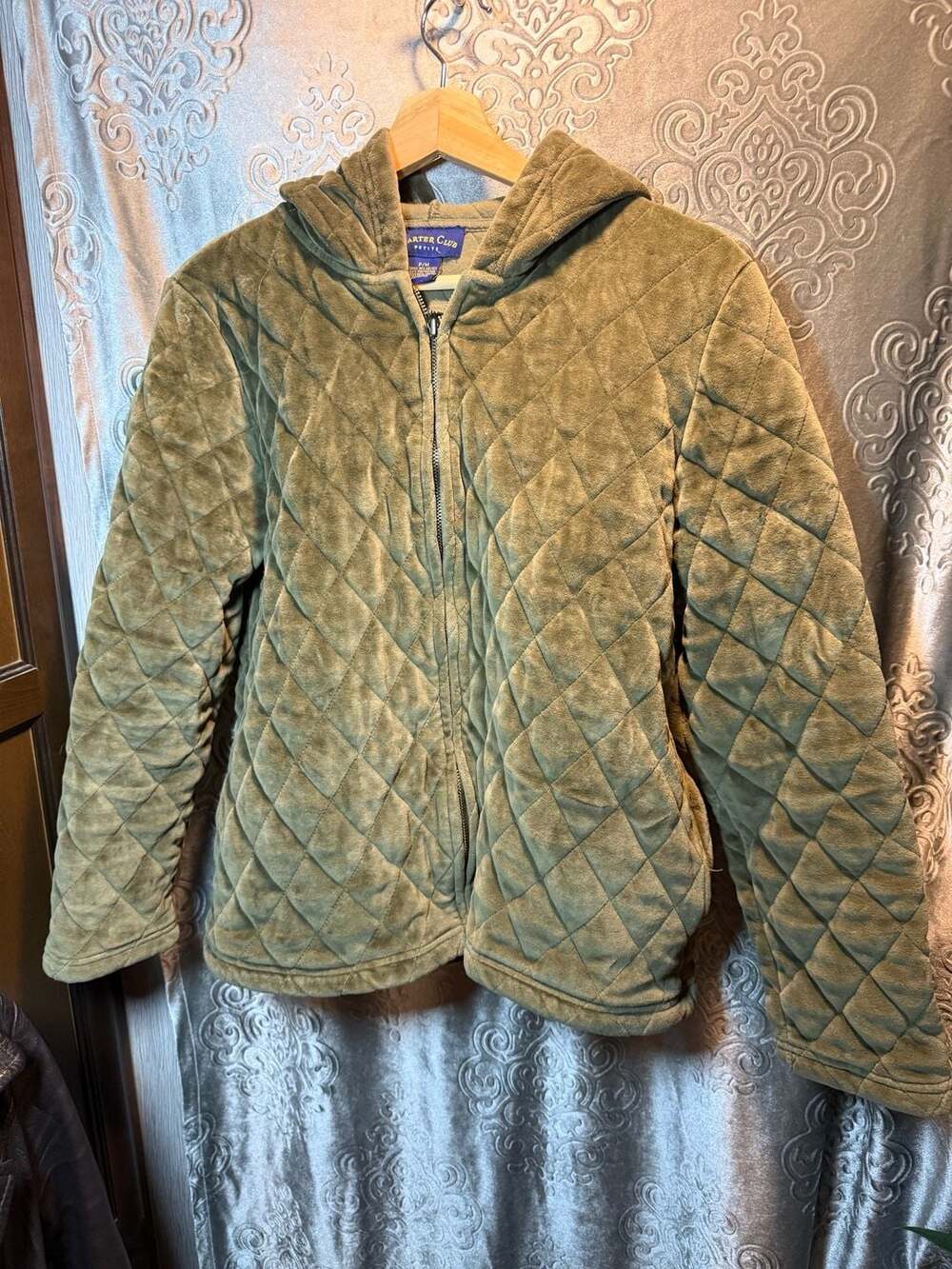 Charter Club Petite P/M Quilted Velour Zip-Up Hoodie Jacket Olive Green